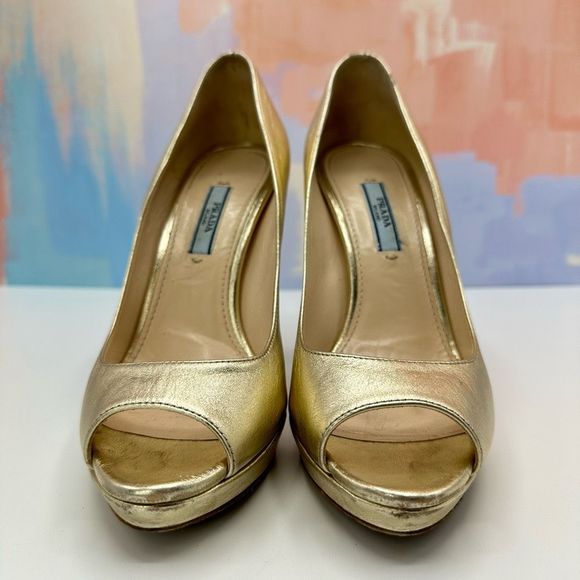 Prada Gold Platform Peep Toe Pump Heels Size 37.5 w/ Original Box Retail $720 - Picture 3 of 11
